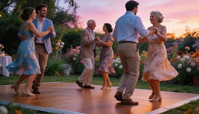 Multi-generational couples dancing at sunset garden party on wood dance floor with floral dresses