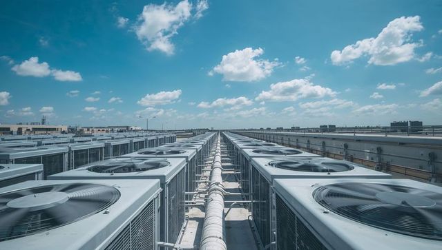 Rooftop hvac condensers lining horizon with central insulated pipeline and spinning fans