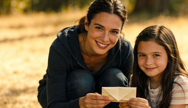 Smiling mother and daughter holding handmade paper envelope in sunlit meadow