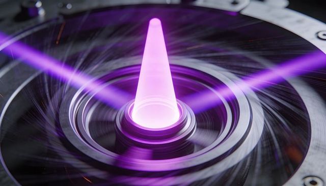Spinning neon purple cone emitting laser beams on metallic spindle with concentric rings