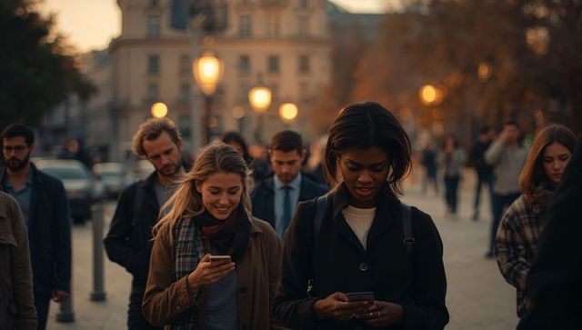 Commuters walking and checking smartphones on city boulevard at dusk, warm streetlights