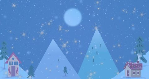 Snowflakes Falling Over Winter Night and Snow-Covered Village