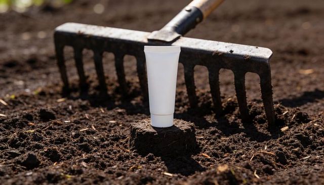 White cosmetic tube on soil plug with garden rake for natural skincare packaging mockup