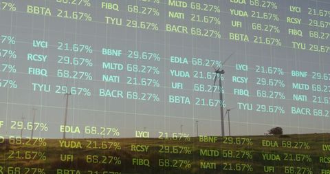 Financial Data Overlay on Wind Turbines Symbolizing Eco-Friendly Investments - Download Free Stock Images Pikwizard.com
