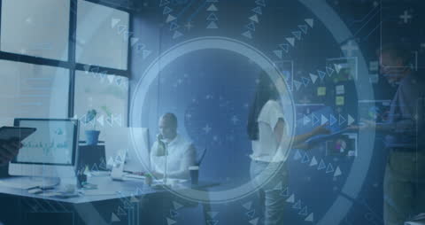 Innovative Business Team Amid Dynamic Data Interface