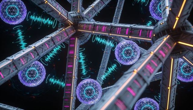 Radiating energy lattice joining truss beams with glowing geodesic orbs and neon trails