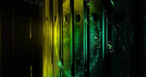 Illuminated server cabinets with holographic icons in data center