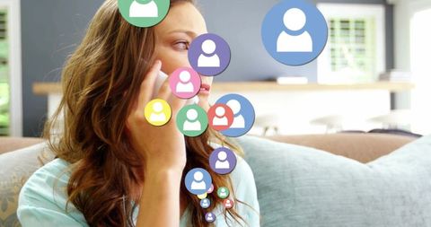 Woman on phone with floating social media avatars representing digital networking