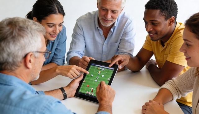 Coaches planning soccer tactics on tablet, collaborating on digital lineup strategy