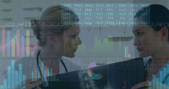 Doctors collaborating in analyzing radiograph with data visualization