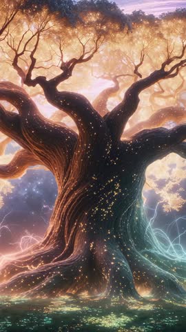 Enchanted Twilight Giant Tree Flickering Lights and Crackling Lightning Vertical Video