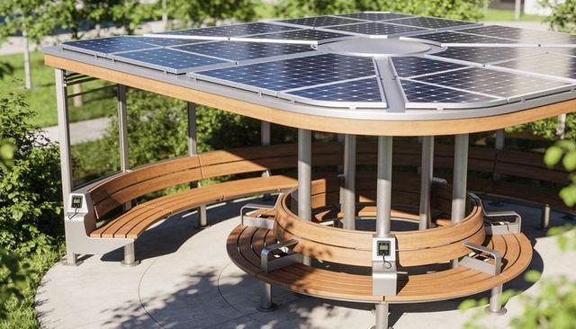 Solar pavilion with curved wooden benches and integrated usb charging stations for parks