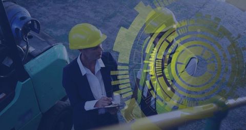 Construction Professionals Reviewing Plans with High-Tech Visuals