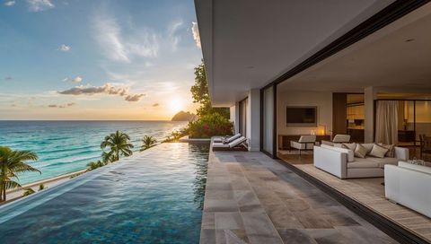 Infinity pool merging with turquoise ocean on luxury beachfront terrace at golden sunset