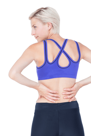 Woman in Blue Sports Bra with Transparent Background Holding Lower Back