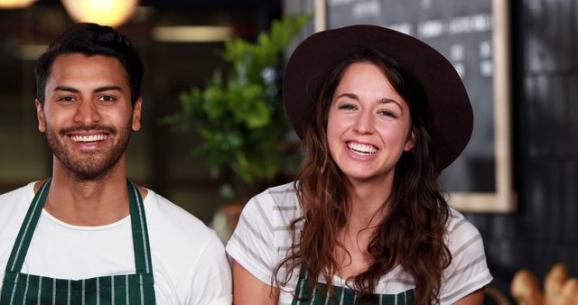 Young baristas standing together in coffee shop wearing striped aprons and hats, smiling cheerfully. Can be used for promoting coffee shop culture, teamwork spirit, small business marketing, hospitality industry, and staff engagement.