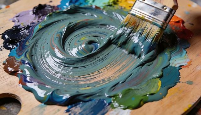 Swirling teal paint on wooden palette with flat brush creating glossy textured ripples