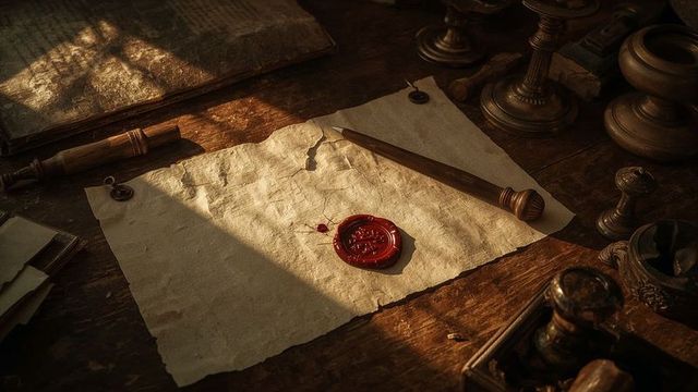 Antique parchment with red wax seal on vintage desk