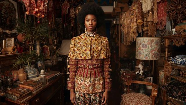 Standing woman wearing layered brocade garments amid ornate vintage textile showroom