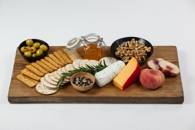 Close-up of various food items on wooden board