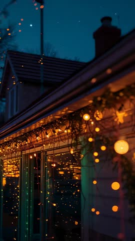 Twinkling Bulbs Shifting Dusk into Night on Facade with Floating Warm Light Particles