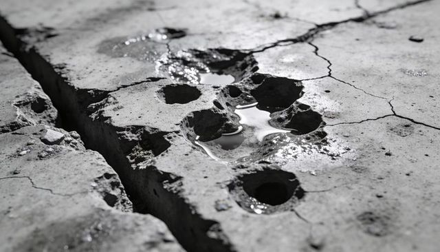 Cracked clay ground with water-filled potholes and diagonal fissure monochrome texture