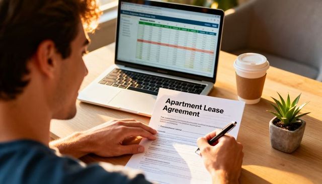 Young man signing apartment lease at sunlit home workspace with laptop, coffee and spreadsheet