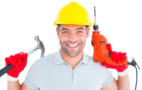 Transparent background happy repairman holding tools