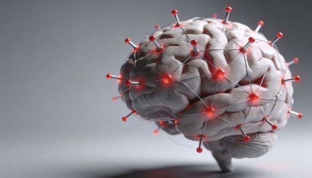 Floating brain with connected electrodes and glowing red neural nodes