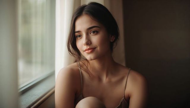 Young woman gazing out window on windowsill, soft sunlight, intimate serene warm portrait