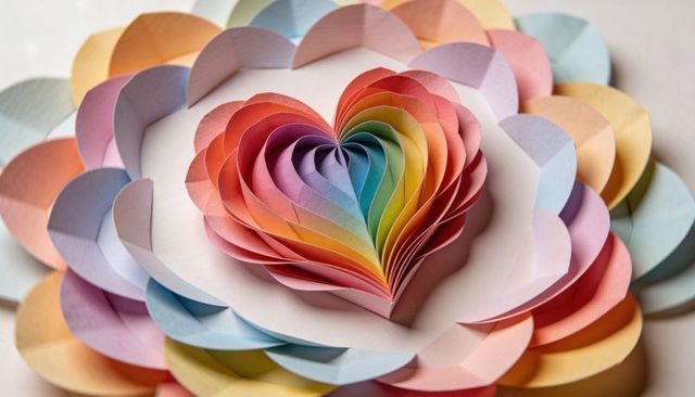 Displaying layered rainbow paper heart with pastel concentric petals and curled edges