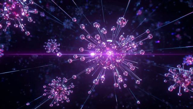 Glowing nanovirus sphere with radial spikes and purple lens flare for science visuals