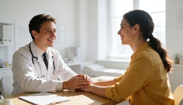 Doctor comforting patient during consultation holding hands and smiling in bright clinic
