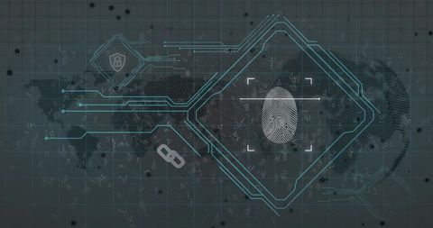 Biometric fingerprint scanning overlaid on futuristic network ui for cybersecurity access