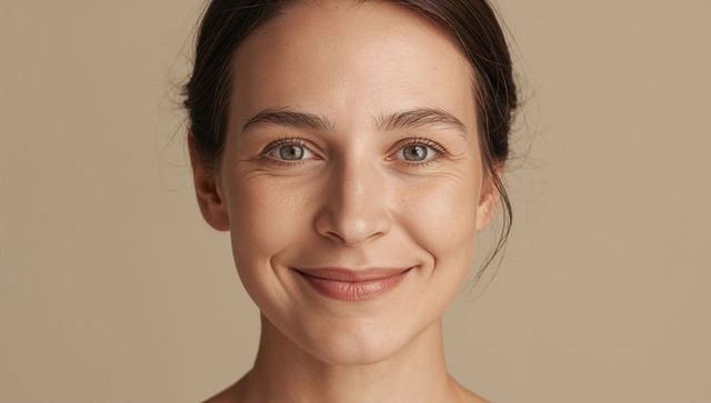 Closeup studio portrait of smiling woman with natural skin texture on beige background