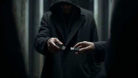 Hooded figures exchanging encrypted usb drives in dark alleyway night cybercrime concept
