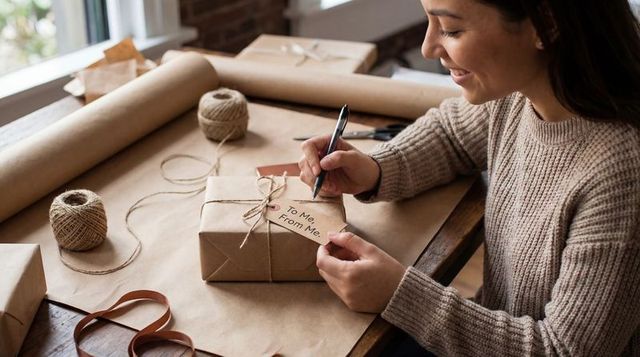 Woman wrapping self-gift with kraft paper and twine on rustic table, cozy diy gift idea