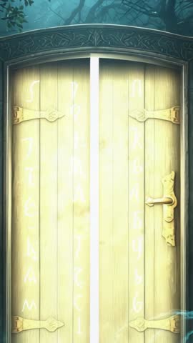 Vertical Fantasy Door Opening with Glowing Runes, Beam of Light and Swirling Mist