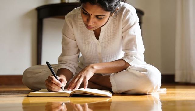 Sunlit indian woman journaling on polished floor in minimalist kurta, focused home reflection