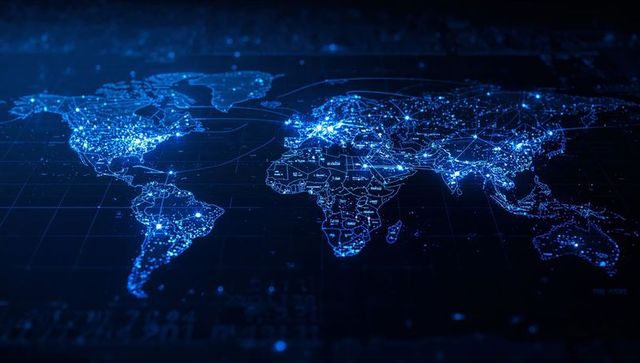 Digital Global Network Illuminated Map with Nodes and Connections
