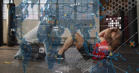 Partner Sit-ups with Trainer Stabilizing Feet, Digital HUD Overlay for Gym Technology