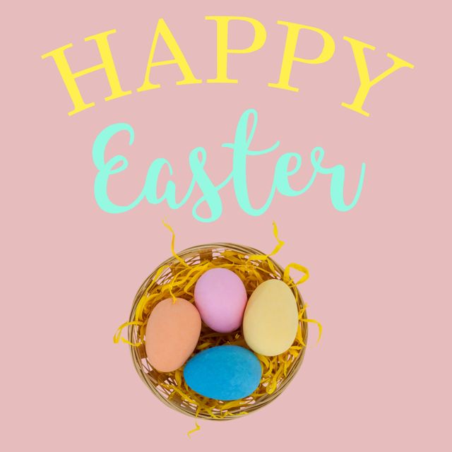 Happy Easter Celebration with Colorful Eggs in Basket on Pink Background - Download Free Stock Templates Pikwizard.com