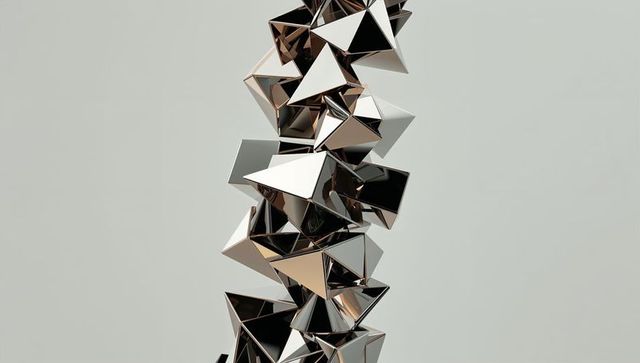Futuristic metallic pyramid sculpture with reflective surfaces
