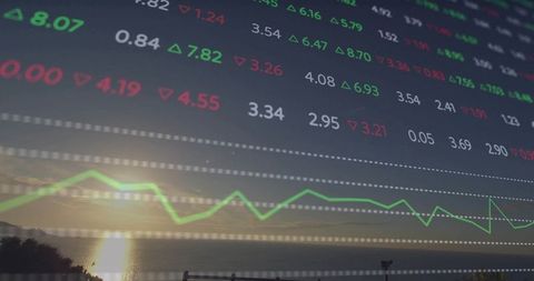 Market data overlaying coastal sunset with green trend line and trading tickers