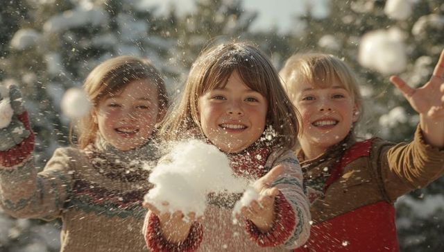 Joyful Winter Playfulness Among Children in Snowy Forest