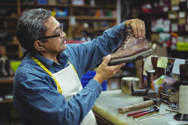 Shoemaker examining a leather boot in a workshop, surrounded by tools and materials. Ideal for use in articles or advertisements about craftsmanship, traditional trades, small businesses, or quality handmade products.
