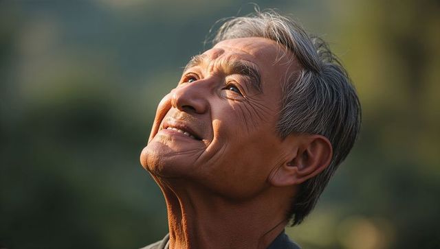 Senior asian man gazing upward in warm golden sunlight, serene portrait embracing age and nature