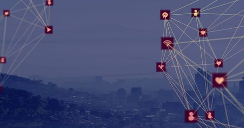 global network connection over cityscape with digital icons - Download Free Stock Images Pikwizard.com