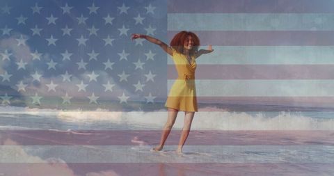 Woman Dancing on Beach with Superimposed American Flag Design