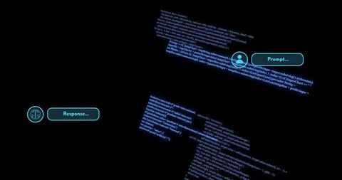 Floating Holographic Code Blocks Showing Prompt and Response Bubbles Glowing Cyan
